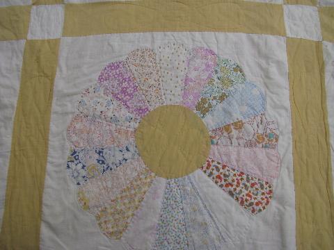 1930's vintage dresden plate pattern patchwork quilt, old cotton prints