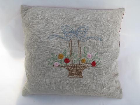 1930s vintage flower basket pillow, old embroidery on flax linen