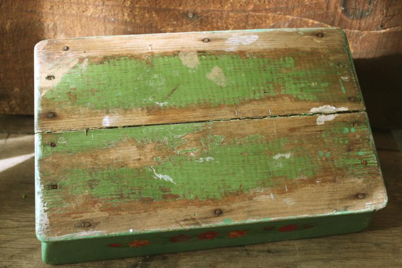 1930s vintage flower decal green painted wood flatware box, tote w/ handle