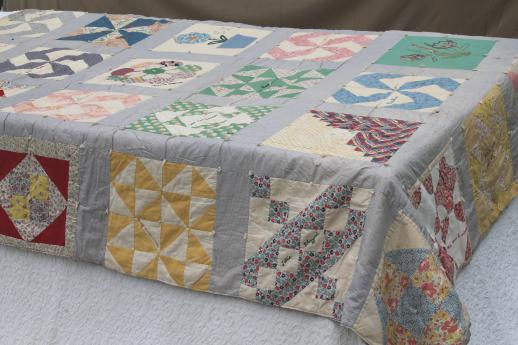 1930s vintage friendship quilt w/ embroidered patchwork sampler quilt blocks