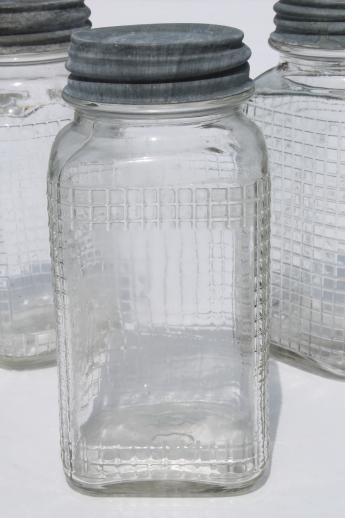 1930s vintage glass canning jars, square waffle glass hoosier canisters w/ zinc lids