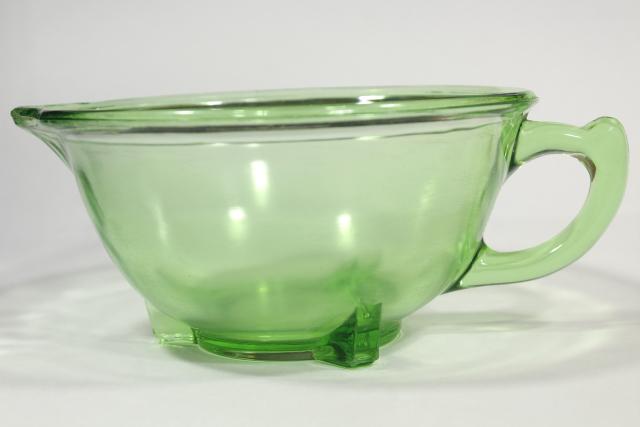 1930s vintage green depression glass batter pitcher mixing bowl, Hazel Atlas glassware