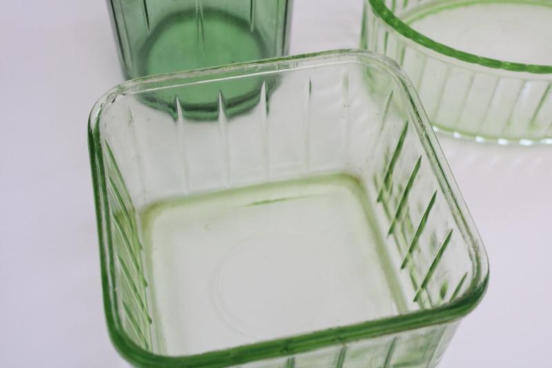 1930s vintage green depression glass jar & fridge boxes, kitchen storage containers