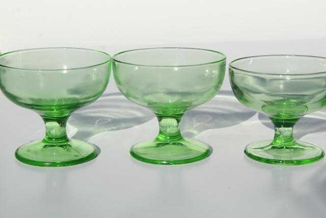 1930s vintage green depression glass sherbets or ice cream bowls, soda fountain dishes