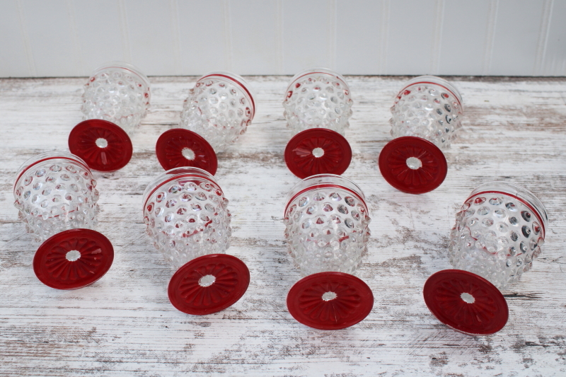 1930s vintage hobnail glass shot glasses or cordials, tiny footed tumblers red foot  band