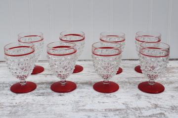 1930s vintage hobnail glass shot glasses or cordials, tiny footed tumblers red foot  band
