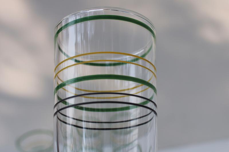 1930s vintage jade green yellow black ring band drinking glasses, depression glass tumblers