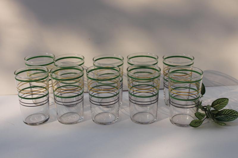 1930s vintage jade green yellow black ring band juice glasses, depression glass tumblers