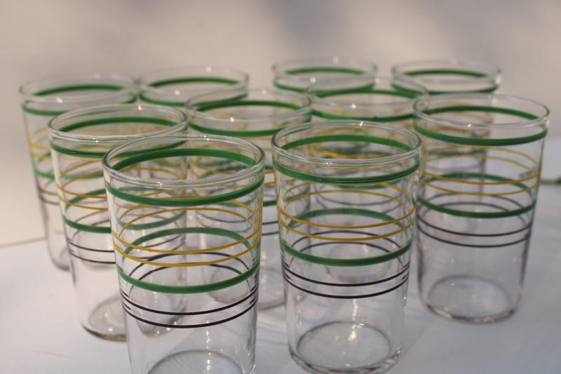 1930s vintage jade green yellow black ring band juice glasses, depression glass tumblers