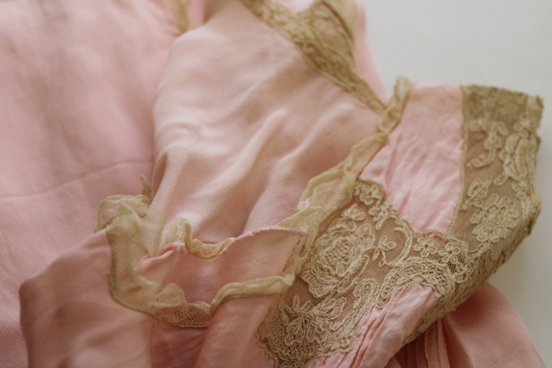 1930s vintage lace trimmed blush rose rayon negligee gown, long slim slip wiggle shape slit hem