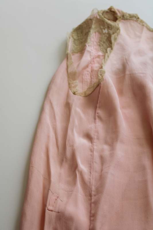 1930s vintage lace trimmed blush rose rayon negligee gown, long slim slip wiggle shape slit hem