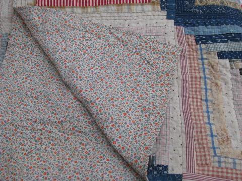 1930's vintage log cabin pattern patchwork quilt, old cotton prints