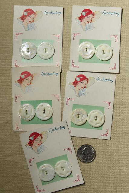 1930s vintage mop mother of pearl shell buttons, sewing notions on original cards
