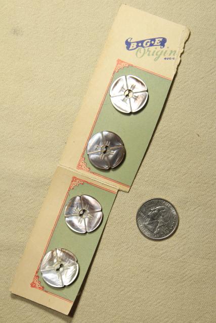 1930s vintage mop mother of pearl shell buttons, sewing notions on original cards