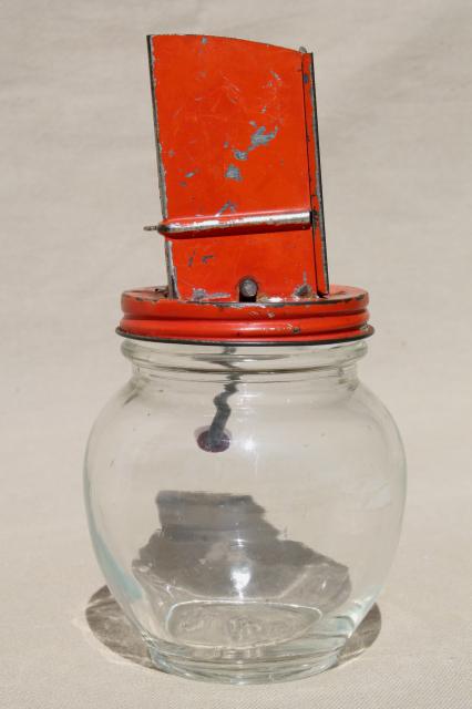 1930s vintage nut grinder, old red paint metal hand crank nut crusher w/ glass jar