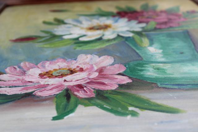 1930s vintage original oil on canvas board, artist signed still life peonies floral