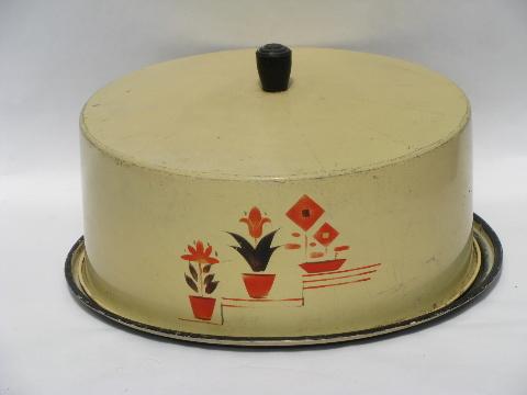 1930s vintage painted metal cake cover, red tulips & flowers on cream