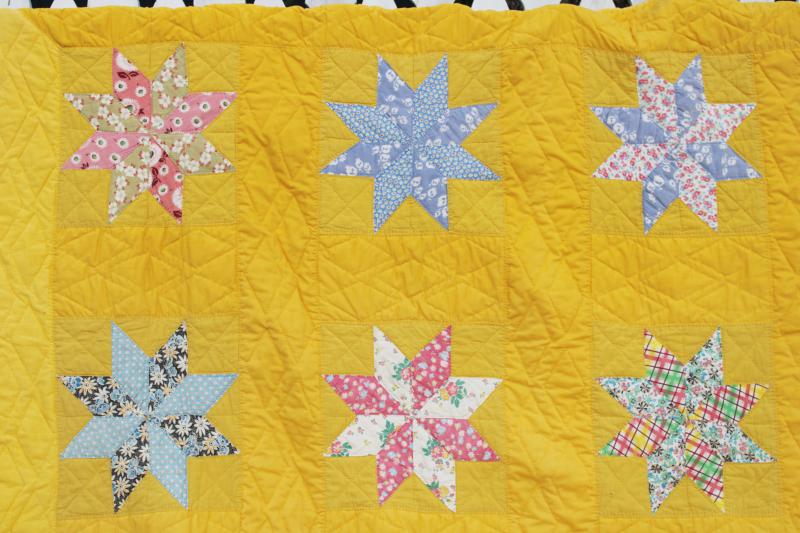 1930s vintage patchwork quilt, pieced stars on mustard gold country cottage primitive