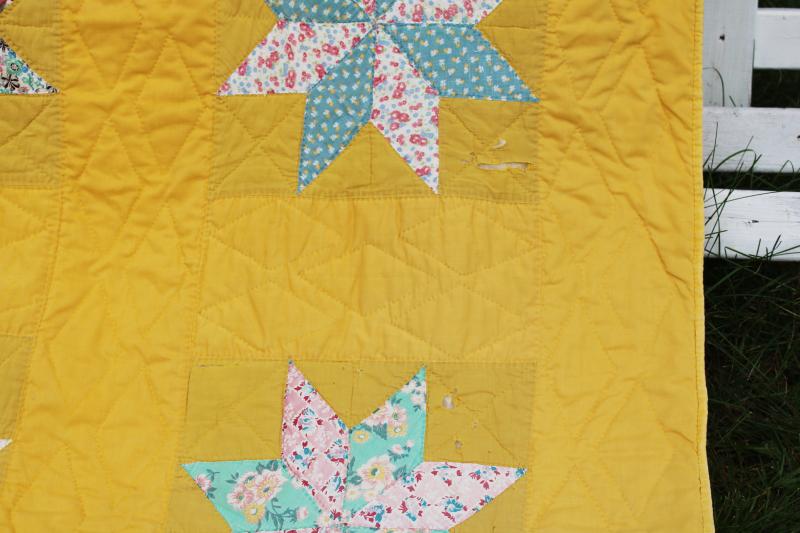 1930s vintage patchwork quilt, pieced stars on mustard gold country cottage primitive