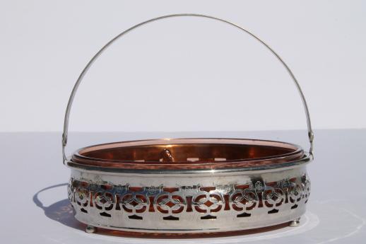 1930s vintage pink depression glass divided relish dish w/ art deco metal basket server