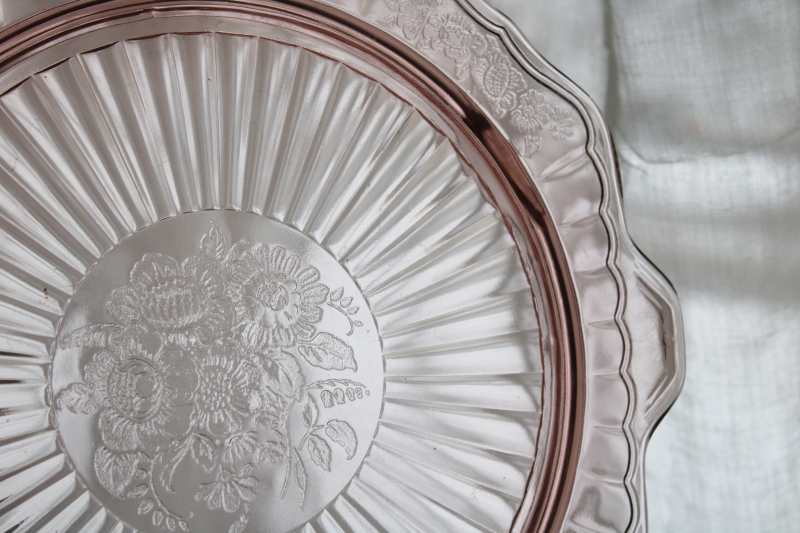 1930s vintage pink depression glass footed cake plate, Anchor Hocking Mayfair square tray w/ handles