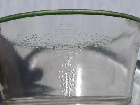 1930s vintage pressed pattern glass, green band pink depression mayonnaise bowl
