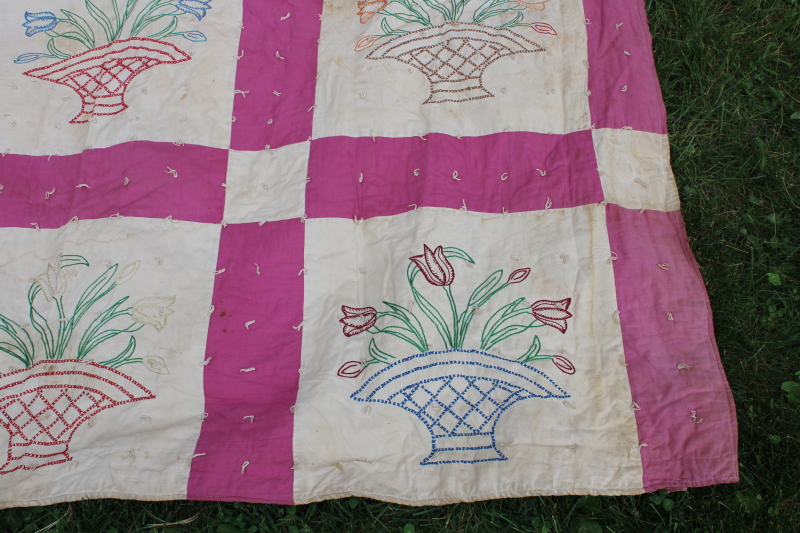 1930s vintage quilt embroidered cotton flour sacks fabric, shabby antique needs cleaning