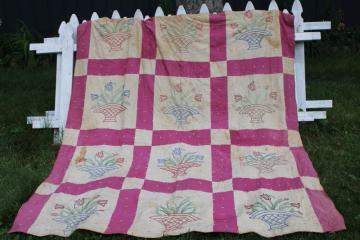 1930s vintage quilt embroidered cotton flour sacks fabric, shabby antique needs cleaning
