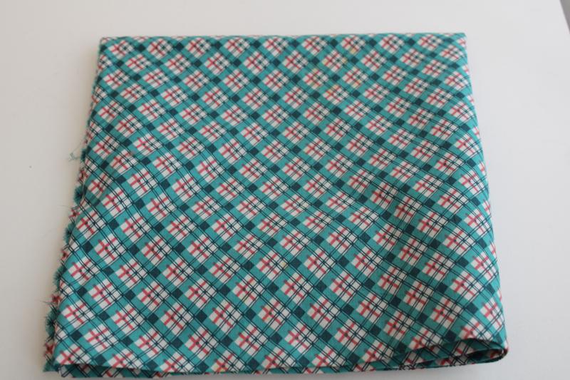 1930s vintage quilting weight cotton fabric, jade green & coral plaid print