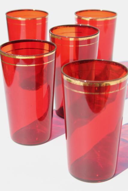 1930s vintage ruby red glass tumblers, drinking glasses w/ gold band trim