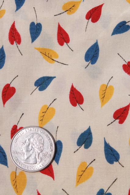 1930s vintage silk or rayon silky pongee fabric, deco leaf print on ivory cream