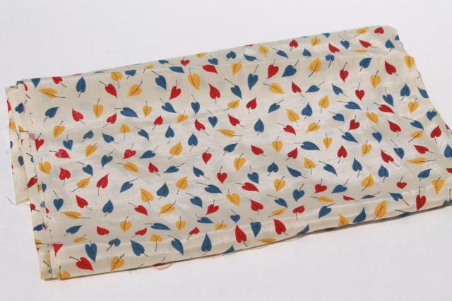 1930s vintage silk or rayon silky pongee fabric, deco leaf print on ivory cream