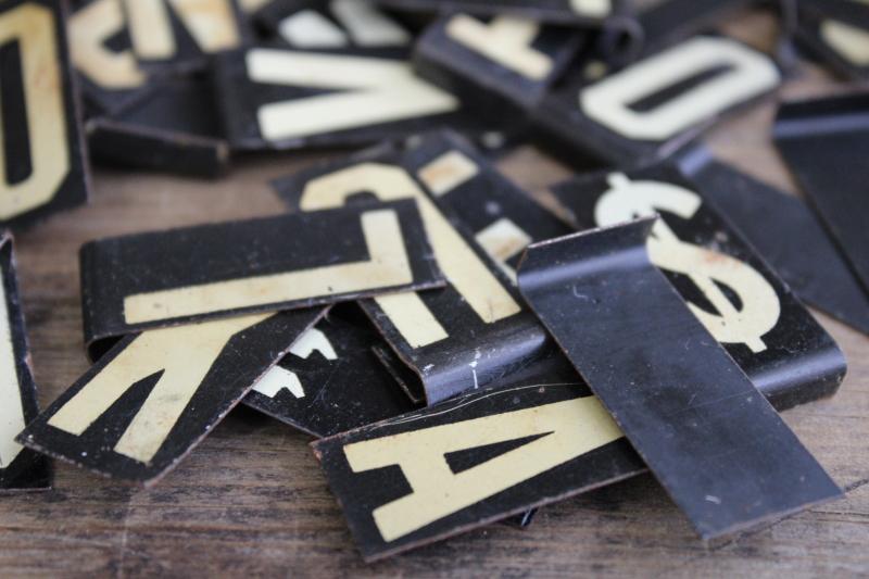 1930s vintage tin metal sign letters, numbers & symbols menu board