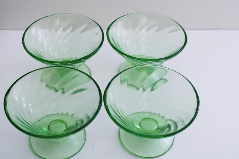 1930s vintage uranium green depression glass ice cream sherbet dishes, spiral pattern