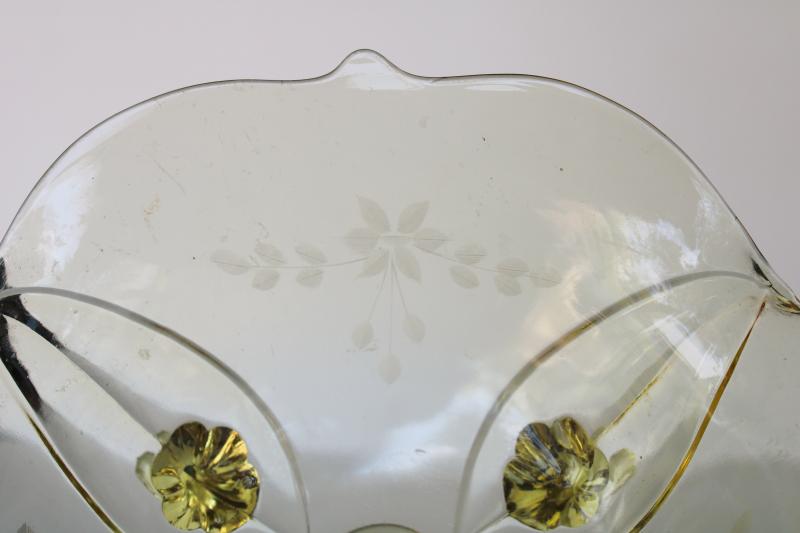 1930s yellow depression glass, vintage Jubilee pattern three toed bowl Lancaster glass
