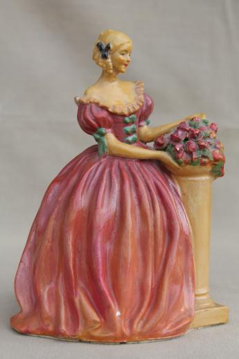 1930s-40s vintage chalkware lady figurines, kitschy painted plaster figures of beautiful ladies