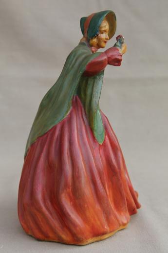 1930s-40s vintage chalkware lady figurines, kitschy painted plaster figures of beautiful ladies