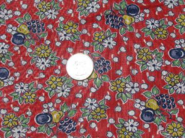 1930s-40s vintage fruit print on red cotton fabric, for kitchen aprons etc.