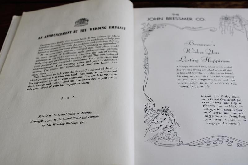 1940 bride's book, vintage wedding etiquette guide w/ unused register record