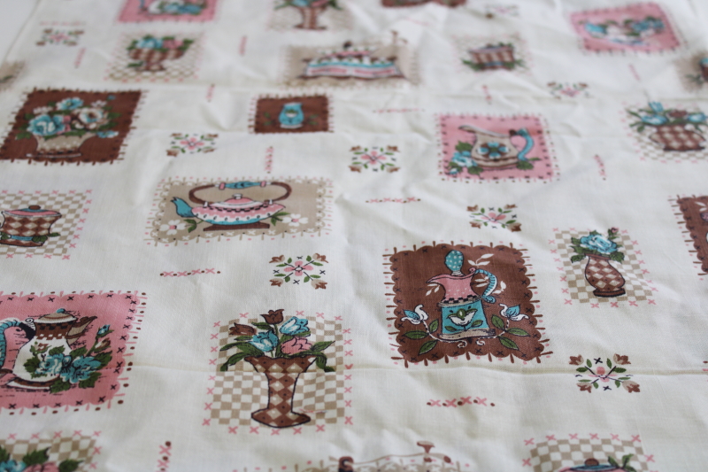 1940s 50s feed sack weave cotton fabric, pink aqua brown kitchen things print, vintage cottagecore