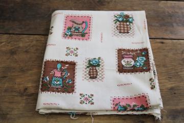 1940s 50s feed sack weave cotton fabric, pink aqua brown kitchen things print, vintage cottagecore