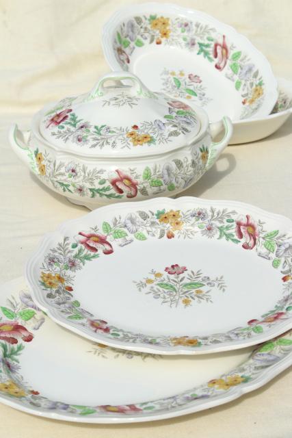 1940s 50s vintage English Royal Doulton china platters, bowls, tureen Stratford floral on ivory