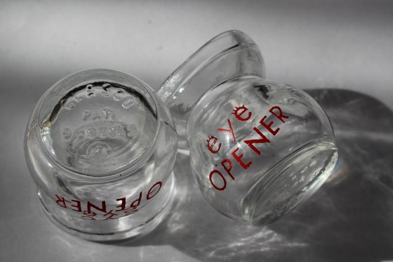 1940s 50s vintage Glasco eye wash cups, hand painted Eye Opener shot glasses, novelty barware