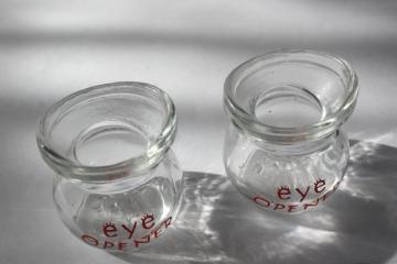 1940s 50s vintage Glasco eye wash cups, hand painted Eye Opener shot glasses, novelty barware