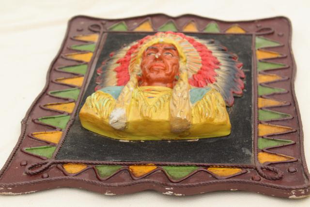 1940s 50s vintage Indian chief wall plaque,       handmade scout camp craft for retro cabin lodge