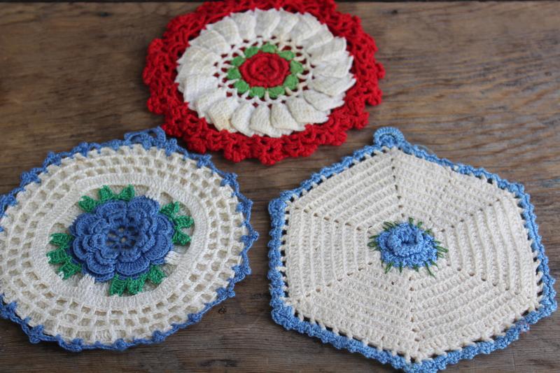 1940s - 50s vintage cotton crochet potholders, red white blue hot pad mats