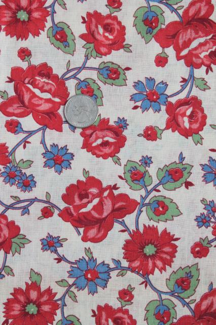 1940s 50s vintage cotton fabric, retro floral red roses flowered print