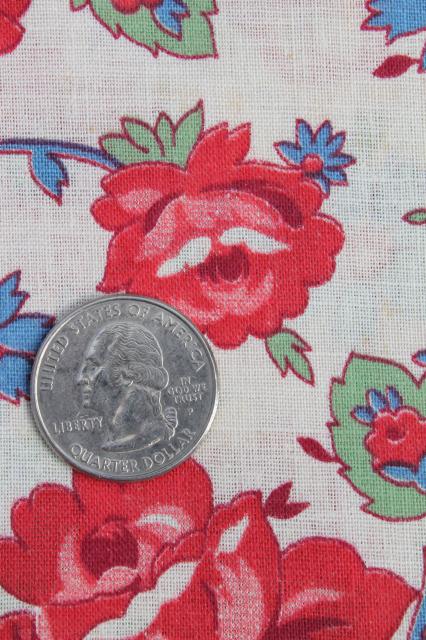 1940s 50s vintage cotton fabric, retro floral red roses flowered print