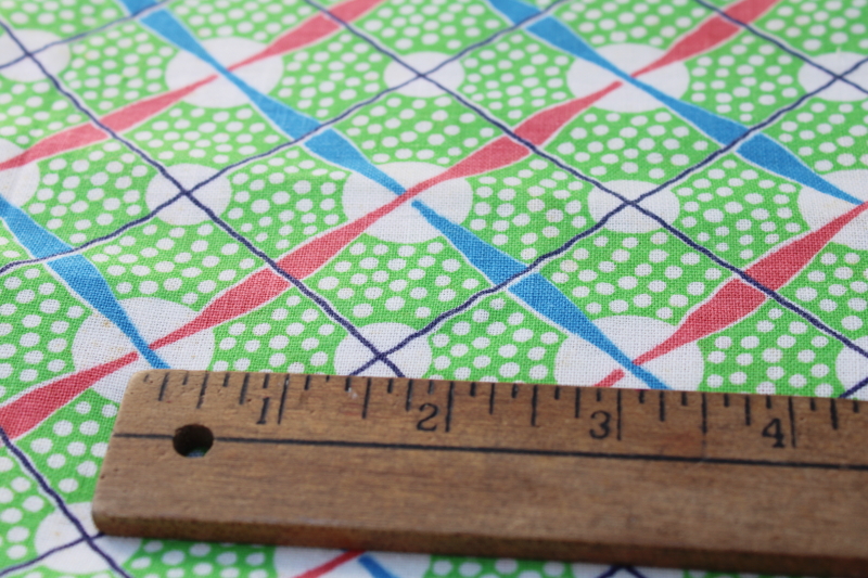 1940s 50s vintage cotton feed sack fabric, dots  red  blue ribbons on green print