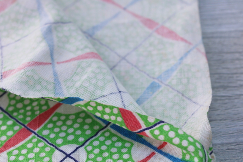 1940s 50s vintage cotton feed sack fabric, dots  red  blue ribbons on green print